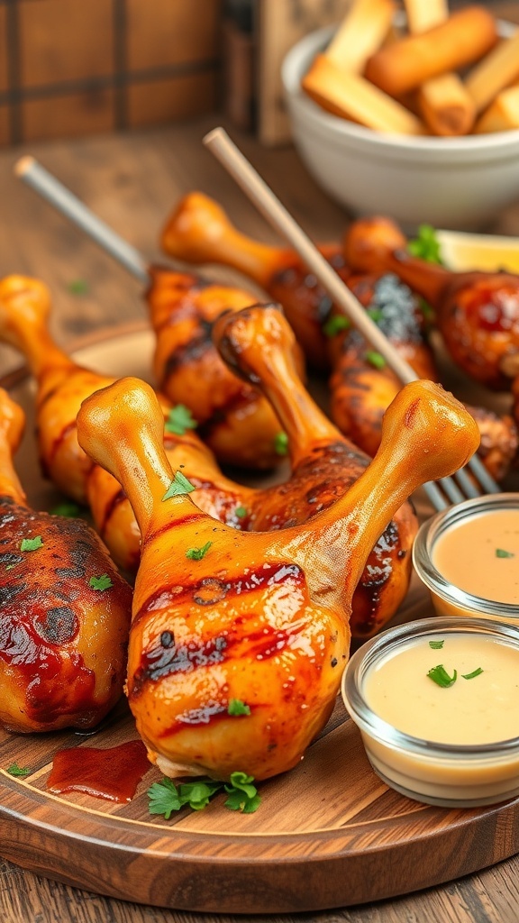 A variety of chicken drumsticks including fried, grilled, and baked, served on a wooden platter with sauces.